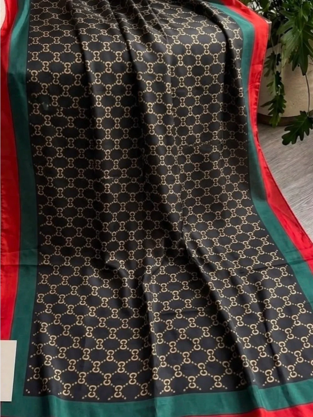 Black Logo Print Silk Scarf with Red & Green Trim